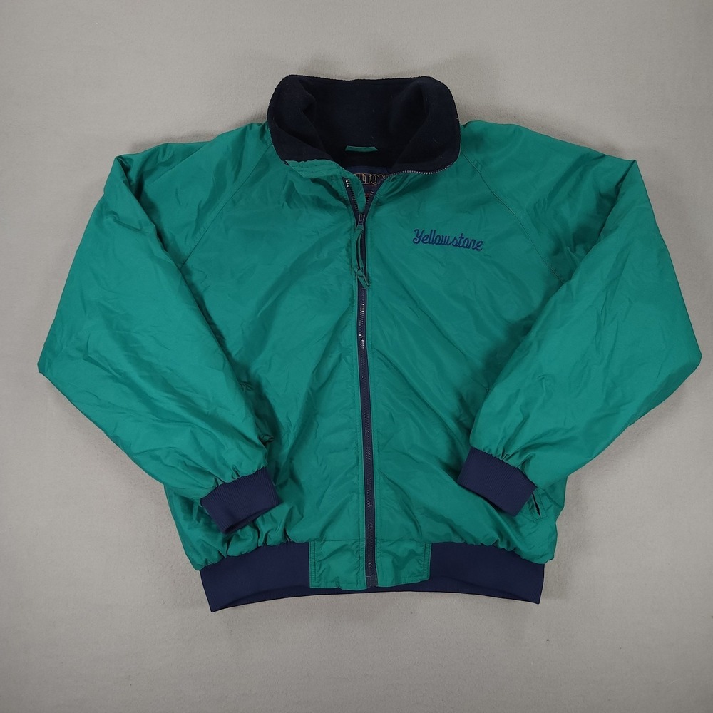 VTG Hilton Active Apparel Nylon Bomber Jacket L Teal Yellowstone Fleece Lined
